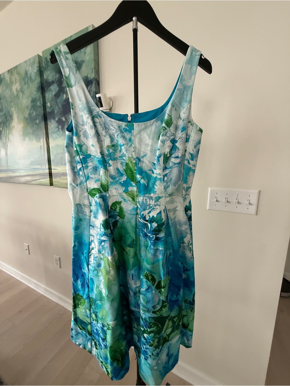 Nine West Blue Green Watercolor Floral Fit & Flare Dress Size 10 Pockets